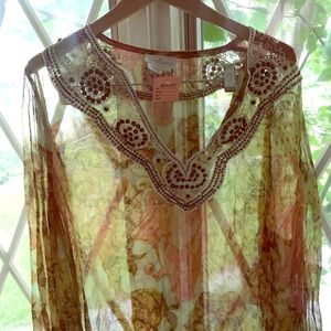 Sheer floral boho peasant blouse/ swim cover up